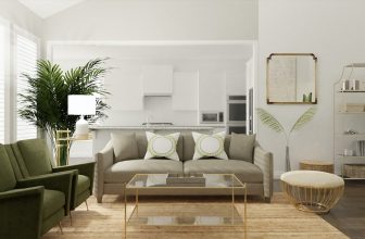 A beautifully arranged living room with modern decor elements, showcasing warm lighting, stylish accessories, and a cozy atmosphere.