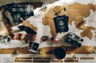 A collection of travel gear including a backpack, packing cubes, and travel accessories arranged neatly on a surface.